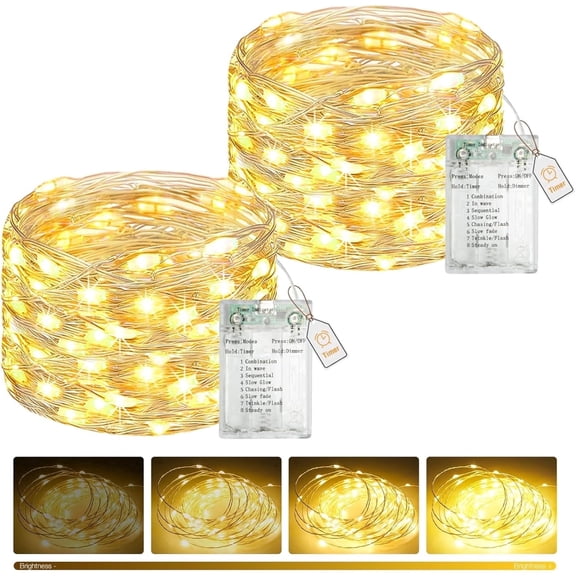 Fairdeer 2 Pack 16ft 50 LED Fairy Lights Battery Operated with Timer, 8 Modes USB Mini String Lights Waterproof for Tree Wreath Bedroom Party Wedding Decorations, Warm White