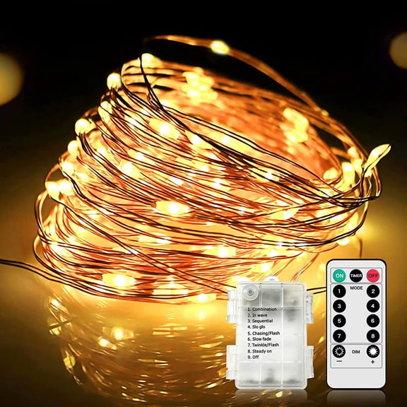Fairy Lights Battery Operated Copper String Lights 33ft 100 LED with 8 Modes Waterproof Twinkle Lights with Remote for Christmas Bedroom Patio Wedding Party Backyard Indoor Outdoor Decor