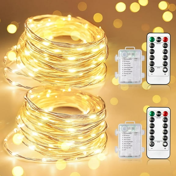 Fairy Lights Battery Operated with Remote, 33Ft 100 LED Battery Powered String Lights with Timer, Outdoor Waterproof 8 Modes Twinkle Lighting for Bedroom Indoor Christmas Decor Warm White, 2P