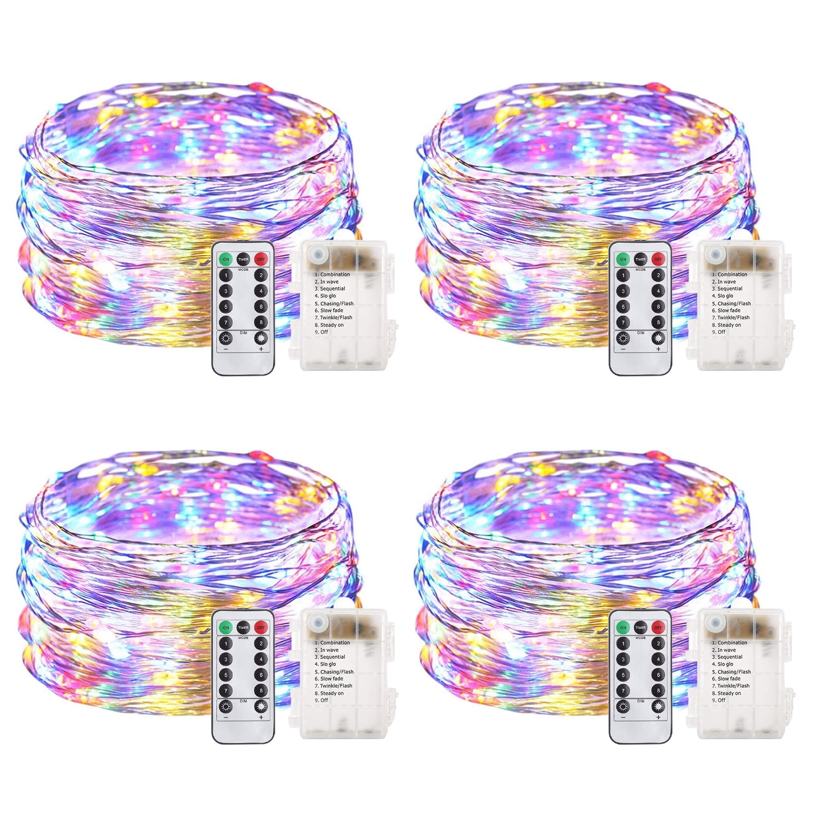 Rirool 33ft Battery Operated Weather-Resistant LED Fairy String Lights (4 Pack) - Ideal for Garden, Indoor, and Wedding Decor - Multi Color