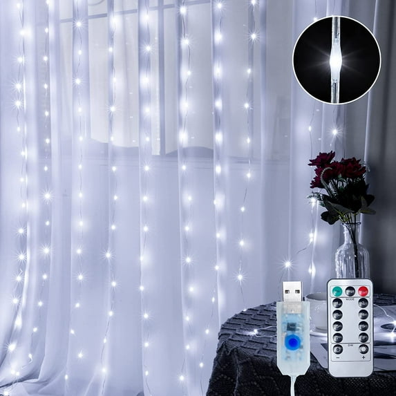 Fairy Lights Curtain Lights,GHODEC 7.9Ft x 5.9Ft 144LED Outdoor Lights USB Powered,8 Modes & Waterproof LED String Lights with Remote Control for Indoor/Outdoor Window Wedding Party Wall Decor (White)