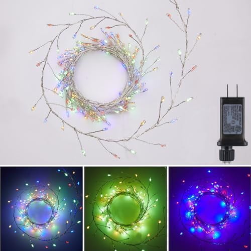 Fairy Lights Plug in, 10Ft 200LED Firecracker Firefly Lights with 8 Mode, Waterproof Silver Wire Cluster Starry String Lights for Ceiling Bedroom Window Wedding Christmas Tree Decoration, Multicolor