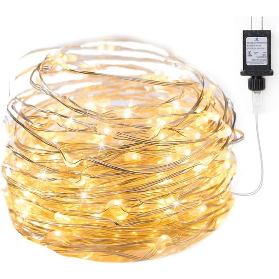 Fairy Lights Plug in, 33Ft 100 LEDs Waterproof Silver Wire Firefly Lights, Adaptor Included, Starry String Lights for Wedding Indoor Outdoor Christmas Patio Garden Decoration, Warm White