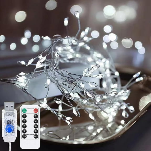 Fairy Lights with Remote - 4.92Ft 50 LED USB Powered Waterproof Starry Cluster Lights, Copper Wire Firecracker String Light for Christmas Tree, Bedroom, Wedding, Garden Decor (White)