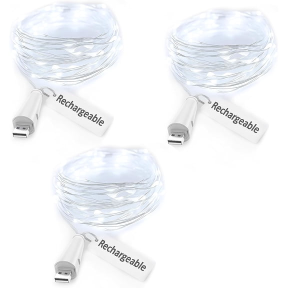 Fairy Lights USB Rechargeable Battery Operated, 7ft 20 LED String Lights Indoor for Bedroom Mason Jars Wedding Table Centerpieces Decorations Christmas Party Decor(White, 3 Pack)