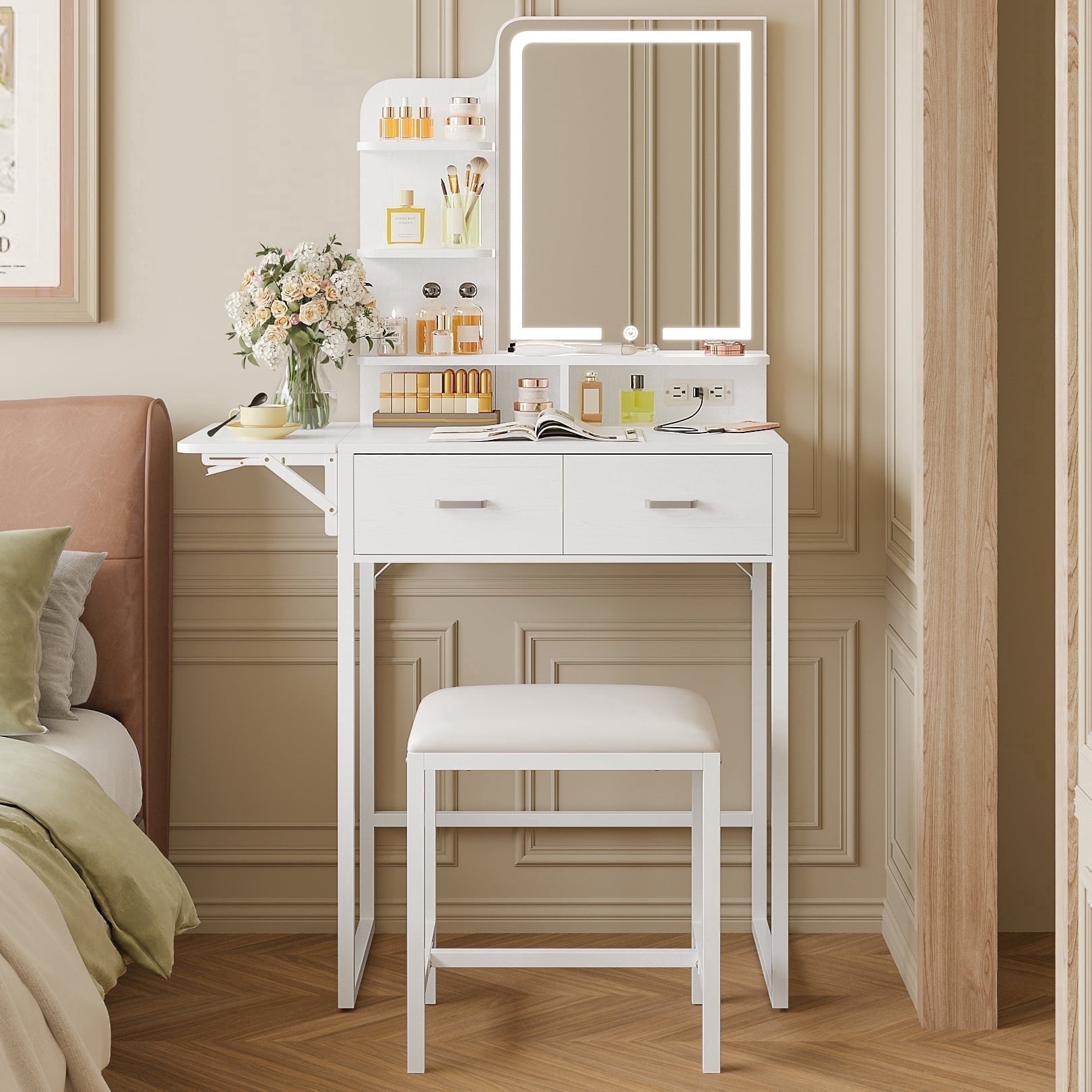white vanity dresser Hasuit Desk with Mirror and LED Lights, Large Makeup Vanity Desk with 7 Drawers, Storage Shelves and RGB Glass Cabinet, Dressing Table for Bedroom with Charging Station, Lights Adjustable or computer laptop desk Fairy White Makeup Vanity Desk