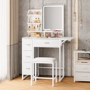 Fairy Makeup Vanity for Bedroom with LED Mirror, Lights, 4 Drawers, USB Ports, Stool, White