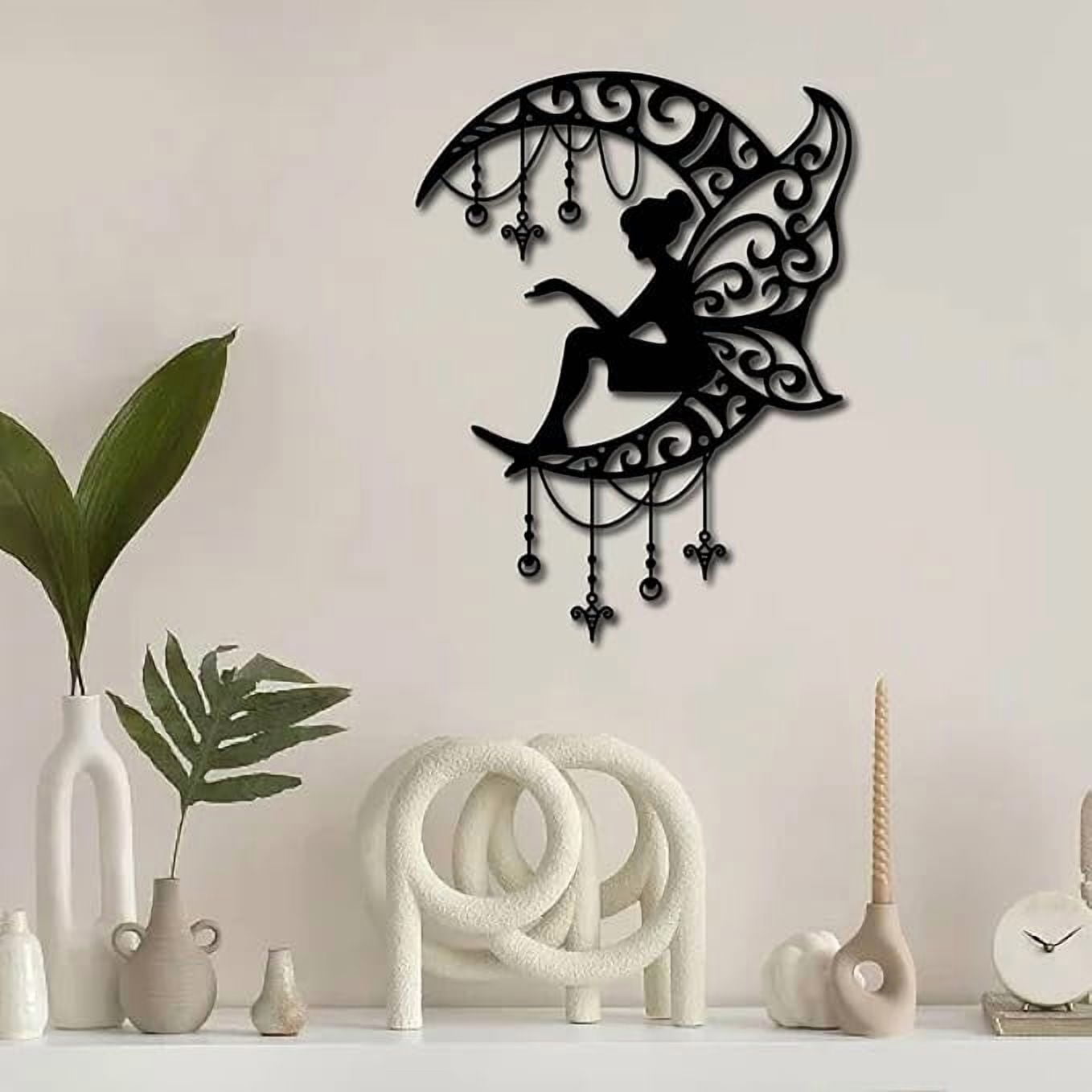Fairy Metal Decor Angel Moon Wall Decoration Black Fairy Sculptures ...