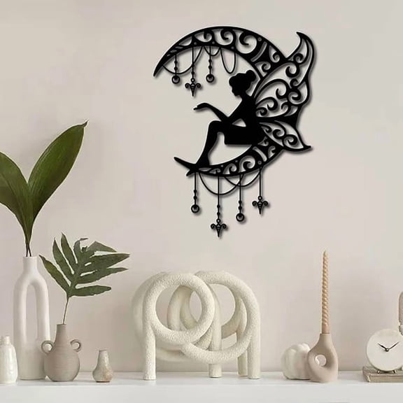 Fairy Metal Decor Angel Moon Wall Decoration Black Fairy Sculptures Hollow Out Wall Hanging Statue Ornament Wall Art for Housewarming Gifts Outdoor Garden Farmhouse Living Room 12 x 9Inch