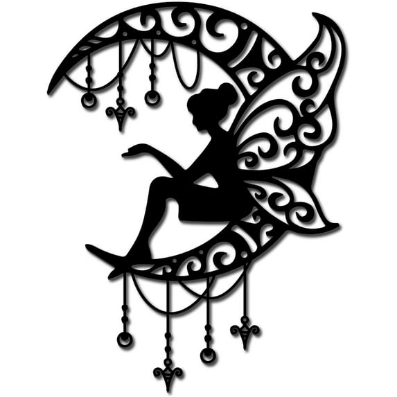 Fairy Metal Decor Angel Moon Wall Decoration Black Fairy Sculptures Hollow Out Wall Hanging Statue Ornament Wall Art for Housewarming Gifts Outdoor Garden Farmhouse Living Room 12 x 9Inch