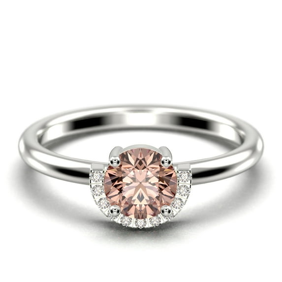 Fairy Minimalist 1.25 Carat Round Cut Morganite And Diamond Moissanite Engagement Ring Wedding Ring in 925 Sterling Silver With Plain 18k White Gold Plating Shank Gift For Her, Promise Ring