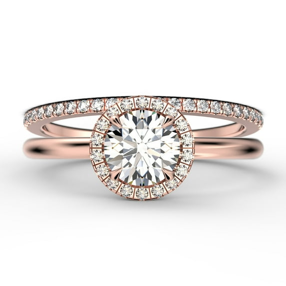 Fairy Minimalist 1.75 Carat Round Cut Diamond Moissanite Engagement Ring, Classic Halo Wedding Ring in 10k Solid Rose Gold, Gift For Her, Anniversary Gift, One Matching Band, Bridal Set