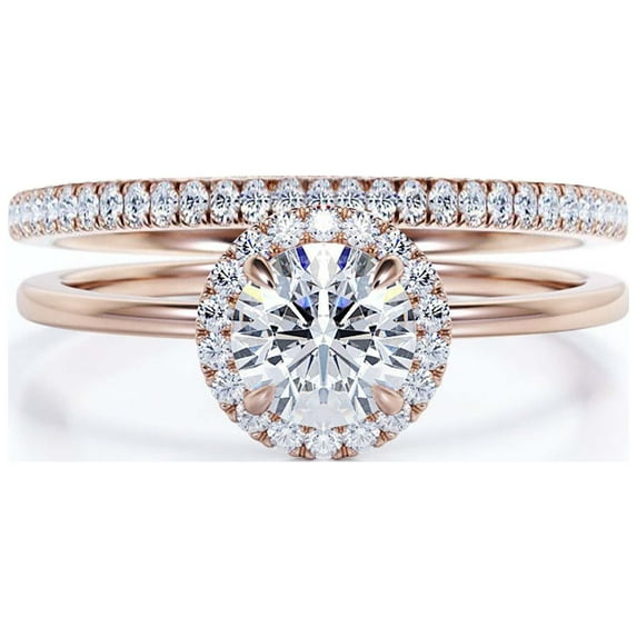 Fairy Minimalist 1.75 Carat Round Cut Diamond Moissanite Engagement Ring, Classic Halo Wedding Ring in 925 Sterling Silver With 18k Rose Gold Plating Gift For Her, Promise Ring, One Matching Band