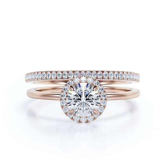 Fairy Minimalist 1.75 Carat Round Cut Diamond Moissanite Engagement Ring, Classic Halo Wedding Ring in 925 Sterling Silver With 18k Rose Gold Plating Gift For Her, Promise Ring, One Matching Band