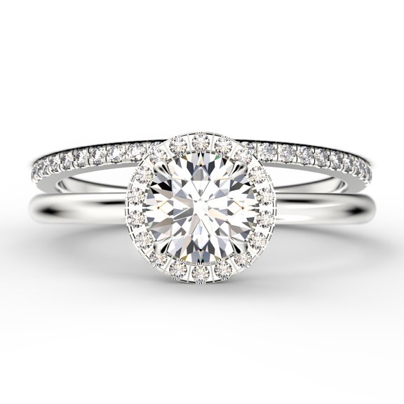 Fairy Minimalist 1.75 Carat Round Cut Diamond Moissanite Engagement Ring, Classic Halo Wedding Ring in 925 Sterling Silver With 18k White Gold Plating Gift For Her, One Matching Band