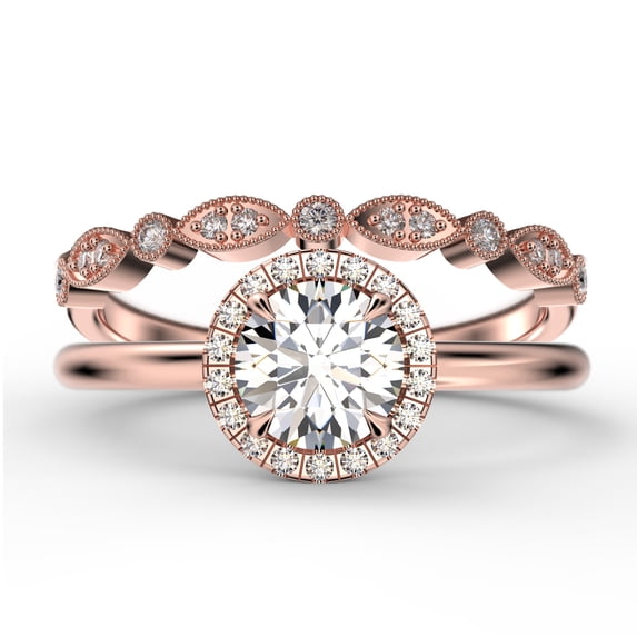 Fairy Minimalist 1.75 Carat Round Cut Diamond Moissanite Engagement Ring, Classic Halo Wedding Ring In 10K Solid Rose Gold, Gift For Her, Anniversary Gift, One Matching Band, Bridal Set