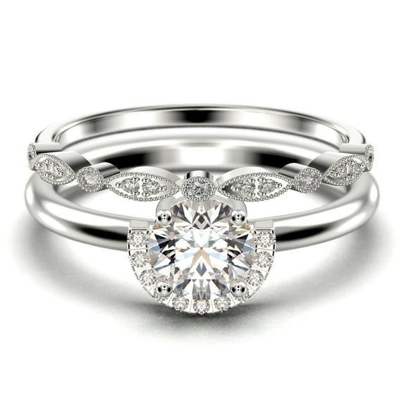 Fairy Minimalist 1.75 Carat Round Cut Diamond Moissanite Engagement Ring Wedding Ring, One Matching Band In 10K Solid White Gold Shank, Gift For Her, Anniversary Ring, Bridal Set
