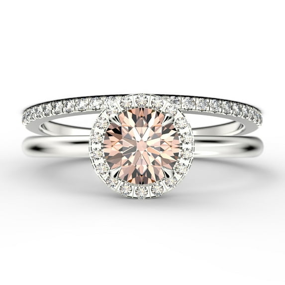 Fairy Minimalist 1.75 Carat Round Cut Morganite And Diamond Moissanite Engagement Ring, Classic Halo Wedding Ring in 10k Solid White Gold, Gift For Her, Anniversary Gift, One Matching Band, Bridal Set