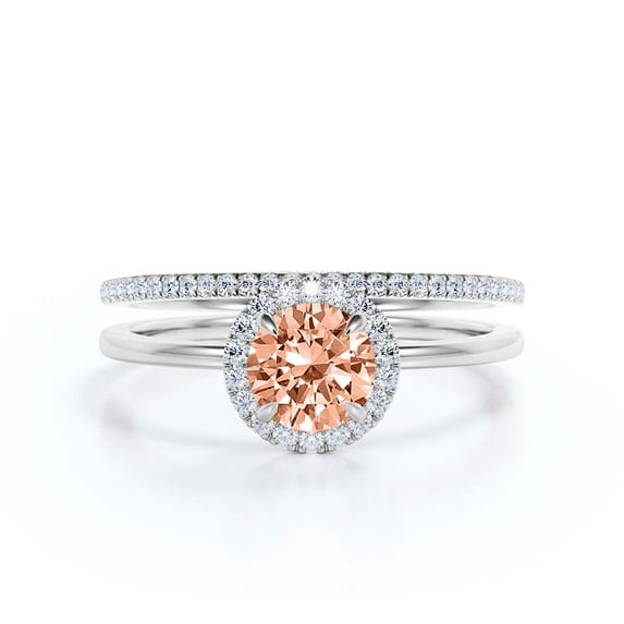 Fairy Minimalist 1.75 Carat Round Cut Morganite And Diamond Moissanite Engagement Ring, Classic Halo Wedding Ring in 925 Sterling Silver With 18k White Gold Plating Gift For Her, One Matching Band