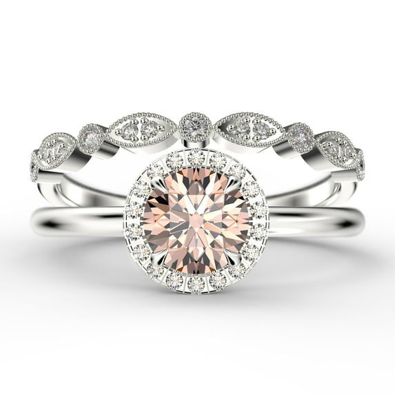 Fairy Minimalist 1.75 Carat Round Cut Morganite And Diamond Moissanite Engagement Ring, Classic Halo Wedding Ring in 925 Sterling Silver With 18k White Gold Plating Gift For Her, One Matching Band