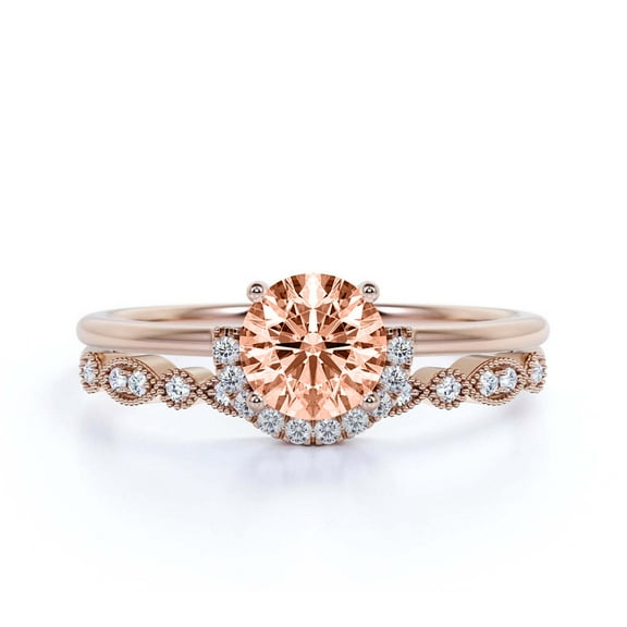Fairy Minimalist 1.75 Carat Round Cut Morganite And Diamond Moissanite Engagement Ring Wedding Ring, One Matching Band in 10k Solid Rose Gold Shank, Gift For Her, Anniversary Ring, Bridal Set