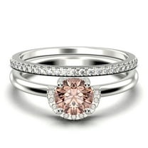 Fairy Minimalist 1.75 Carat Round Cut Morganite And Diamond Moissanite Engagement Ring Wedding Ring, One Matching Band in 10k Solid White Gold Shank, Gift For Her, Anniversary Ring, Bridal Set