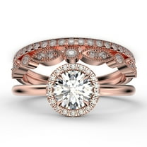 Fairy Minimalist 2.25 Carat Round Cut Diamond Moissanite Engagement Ring, Classic Halo Wedding Ring in 10k Solid Rose Gold, Gift For Her, Anniversary Gift, Two Matching Band, Trio Set