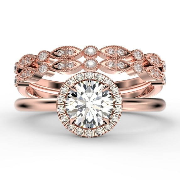 Fairy Minimalist 2.25 Carat Round Cut Diamond Moissanite Engagement Ring, Classic Halo Wedding Ring in 10k Solid Rose Gold, Gift For Her, Anniversary Gift, Two Matching Band, Trio Set