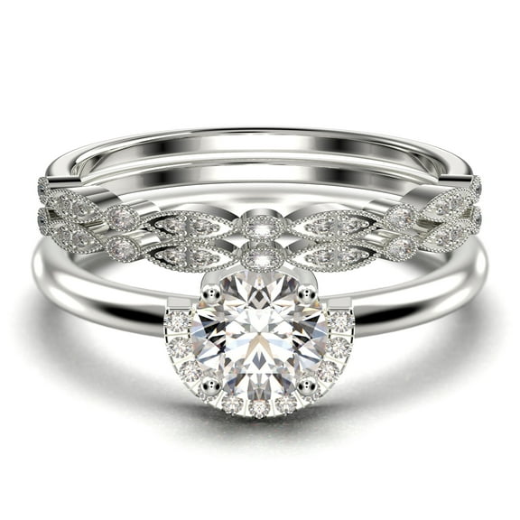 Fairy Minimalist 2.25 Carat Round Cut Diamond Moissanite Engagement Ring Wedding Ring, Two Matching Band in 10k Solid White Gold Shank, Gift For Her, Promise Ring, Anniversary, Trio Set