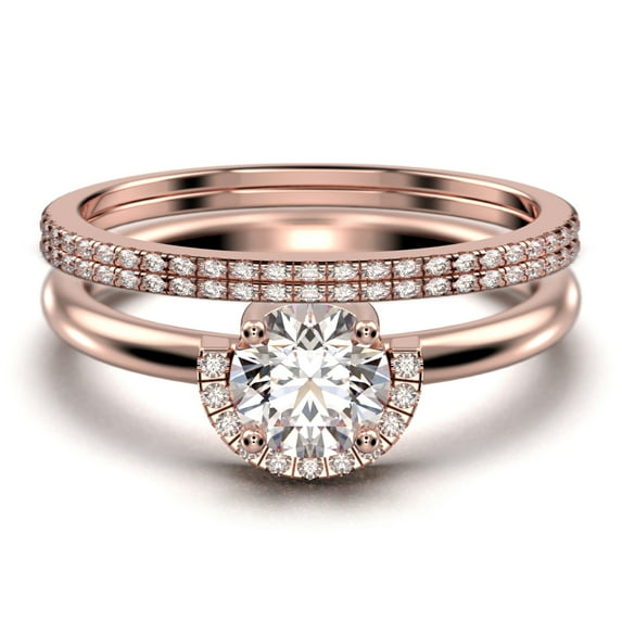 Fairy Minimalist 2.25 Carat Round Cut Diamond Moissanite Engagement Ring Wedding Ring, Two Matching Band in 925 Sterling Silver With Plain 18k Rose Gold Plating Shank Gift For Her