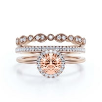 Fairy Minimalist 2.25 Carat Round Cut Morganite And Diamond Moissanite Engagement Ring, Classic Halo Wedding Ring in 10k Solid Rose Gold, Gift For Her, Anniversary Gift, Two Matching Band, Trio Set