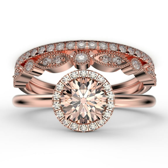 Fairy Minimalist 2.25 Carat Round Cut Morganite And Diamond Moissanite Engagement Ring, Classic Halo Wedding Ring in 10k Solid Rose Gold, Gift For Her, Anniversary Gift, Two Matching Band, Trio Set