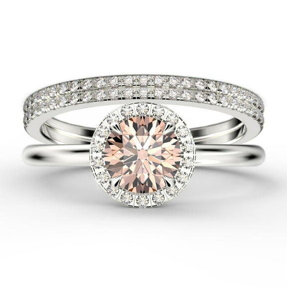 Fairy Minimalist 2.25 Carat Round Cut Morganite And Diamond Moissanite Engagement Ring, Classic Halo Wedding Ring in 10k Solid White Gold, Gift For Her, Anniversary Gift, Two Matching Band, Trio Set
