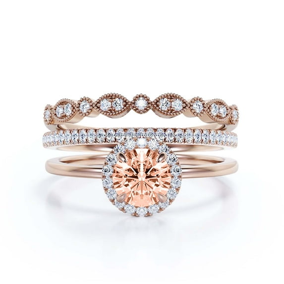 Fairy Minimalist 2.25 Carat Round Cut Morganite And Diamond Moissanite Engagement Ring, Classic Halo Wedding Ring in 925 Sterling Silver With 18k Rose Gold Plating Gift For Her, Two Matching Band