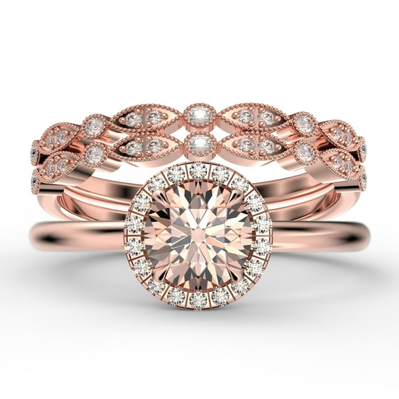 Fairy Minimalist 2.25 Carat Round Cut Morganite And Diamond Moissanite Engagement Ring, Classic Halo Wedding Ring in 925 Sterling Silver With 18k Rose Gold Plating Gift For Her, Two Matching Band