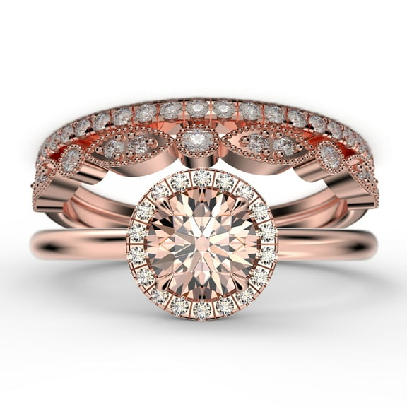 Fairy Minimalist 2.25 Carat Round Cut Morganite And Diamond Moissanite Engagement Ring, Classic Halo Wedding Ring in 925 Sterling Silver With 18k Rose Gold Plating Gift For Her, Two Matching Band