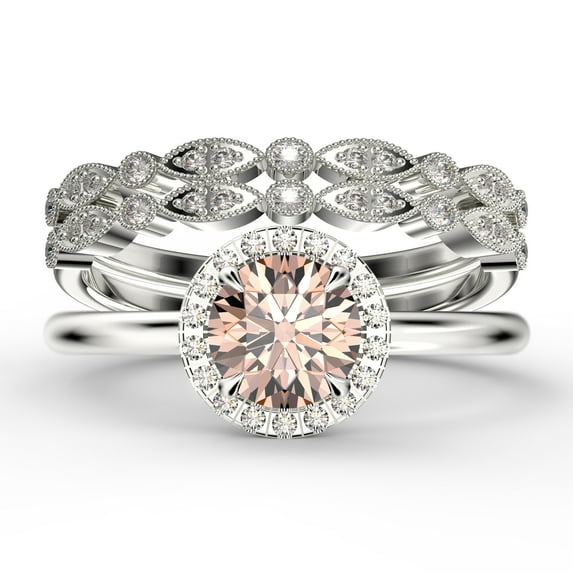 Fairy Minimalist 2.25 Carat Round Cut Morganite And Diamond Moissanite Engagement Ring, Classic Halo Wedding Ring In 10K Solid White Gold, Gift For Her, Anniversary Gift, Two Matching Band, Trio Set