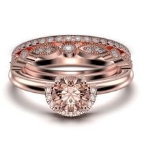 Fairy Minimalist 2.25 Carat Round Cut Morganite And Diamond Moissanite Engagement Ring Wedding Ring, Two Matching Band in 10k Solid Rose Gold Shank, Gift For Her, Promise Ring, Anniversary, Trio Set