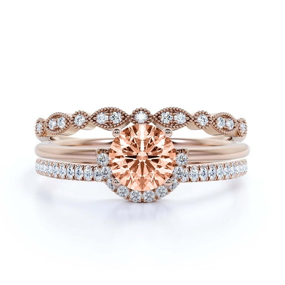 Fairy Minimalist 2.25 Carat Round Cut Morganite And Diamond Moissanite Engagement Ring Wedding Ring, Two Matching Band in 925 Sterling Silver With Plain 18k Rose Gold Plating Shank Gift For Her