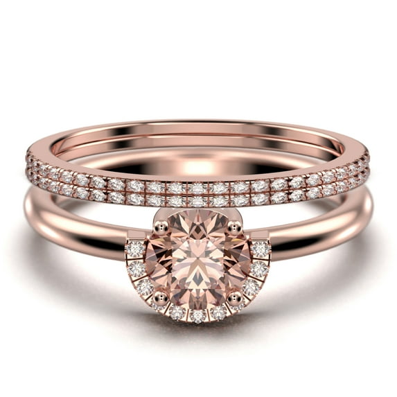 Fairy Minimalist 2.25 Carat Round Cut Morganite And Diamond Moissanite Engagement Ring Wedding Ring, Two Matching Band in 925 Sterling Silver With Plain 18k Rose Gold Plating Shank Gift For Her