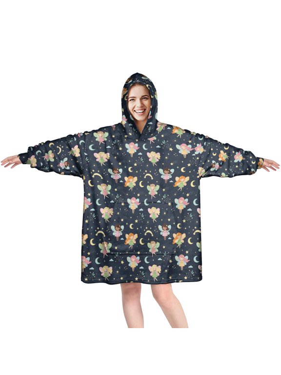 Fairy and Moon Blue Pattern Double-Sided Flannel Wearable Blanket Hoodie, Oversized Warm Fuzzy Pullover with Giant Pocket for Women & Men Indoor Outdoor