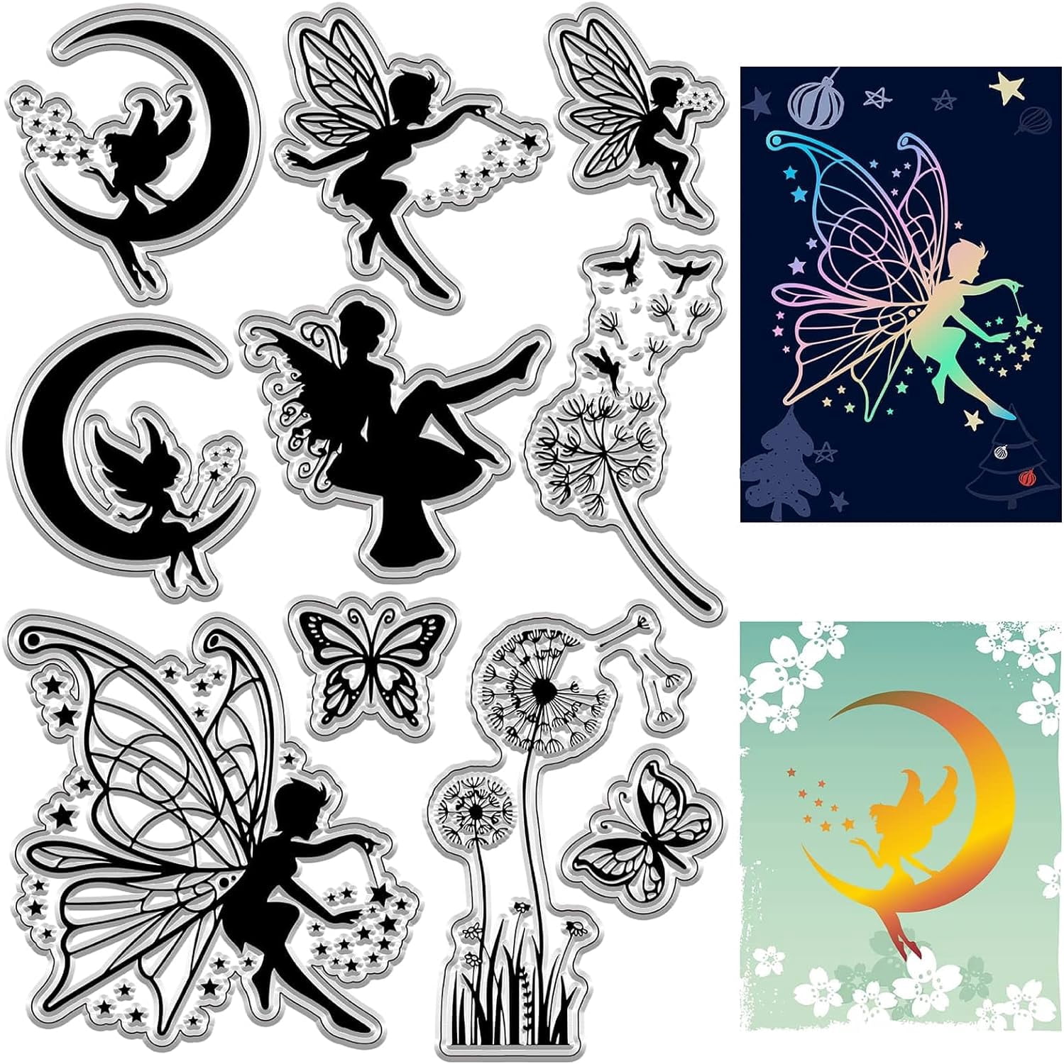 Fairy on Moon Clear Rubber Stamps Dandelion Butterfly Retro Vintage ...