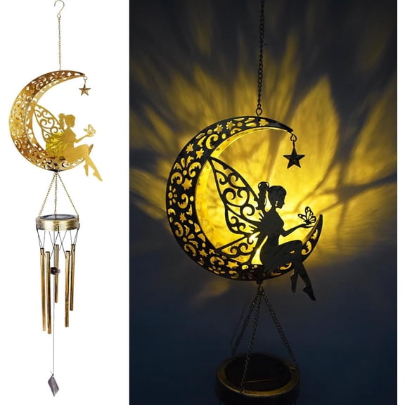 Fairy Moon Solar Wind Chimes for Outside Lights Gifts for Mom Wife Unique Crackle Glass LED Warm Light Outdoor Hanging Decor Windchimes for Garden Yard Patio Christmas Birthday Mothers Day