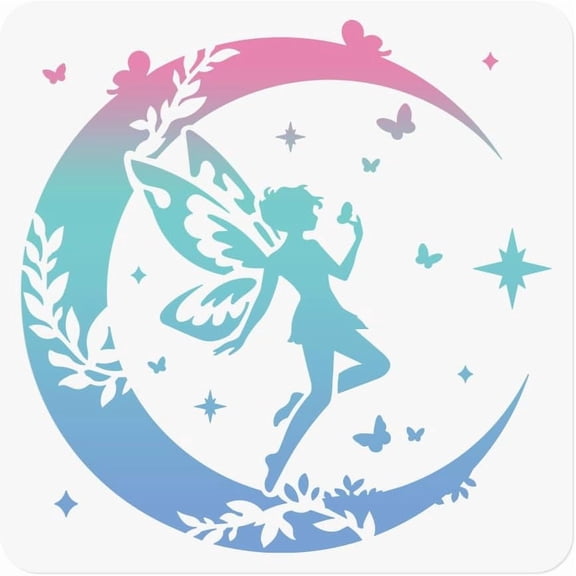 Fairy Moon Stencil for Painting 11.8 x 11.8 Inch Reusable Plastic Fairy Template for Painting on Wall Wood Furniture Fabric Canvas DIY Craft Stencil WhiteDIY