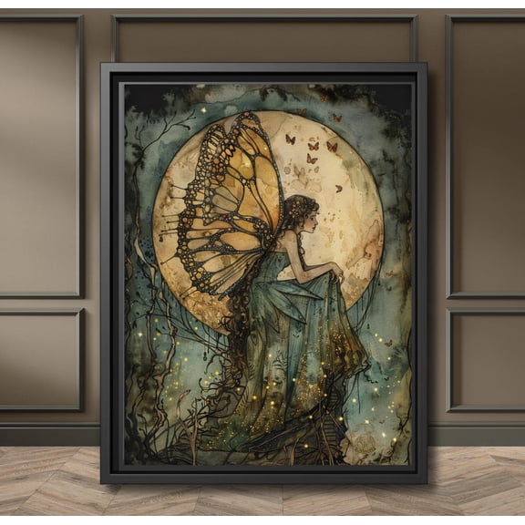 Fairy Moon Wall Art Poster Whimsical Forest Fantasy Decor, Butterfly Winged Fairy Illustration, Mystical Woodland Artwork For Bedroom Nursery, Stretched Canvas Size 12x18
