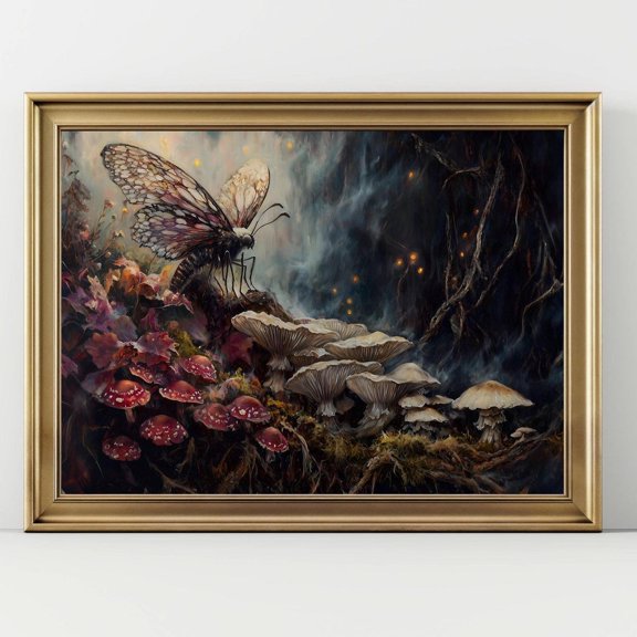 Fairy Moth Forest Wall Art Mystical Insect & Mushroom Painting Cottagecore Decor Fantasy Nature Print Enchanted Woodland Poster Wall Art Home Decor Office Wall Art