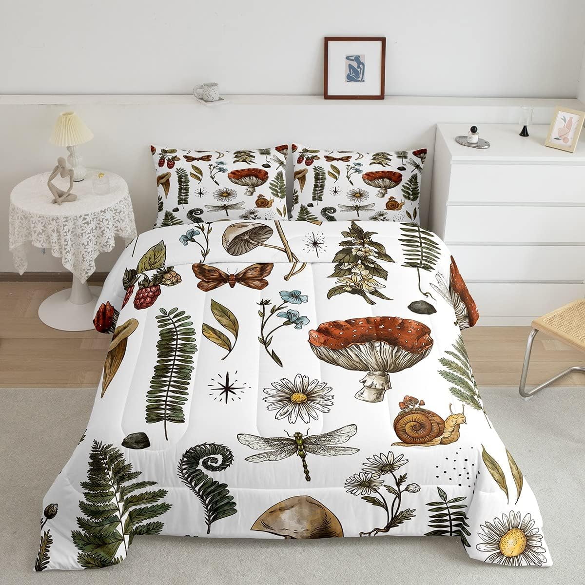 Mushroom Comforter Set Lovely Cartoon Jungle Wild Plants Comforter for Kids Teens Adults Glitter Stars Outdoor Leaves Rustic Style Bedding Set並行輸入 Intelligent Design Gwen Mushroom Garden Comforter Set | Designer
