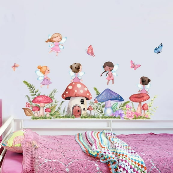 Fairy Mushroom Wall Decals Watercolor Butterfly Elf Wall Art Stickers Flower Grass Wall Stickers