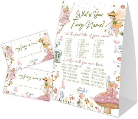 What's Your Fairy Name for Baby Shower Game, Birthday Party Decoration, Pack 1 Sign and 30 Name Stickers, Baby Shower Games, Gender Neutral Party Supplies(mzg12)$$Home Decor, Kitchen, & Other