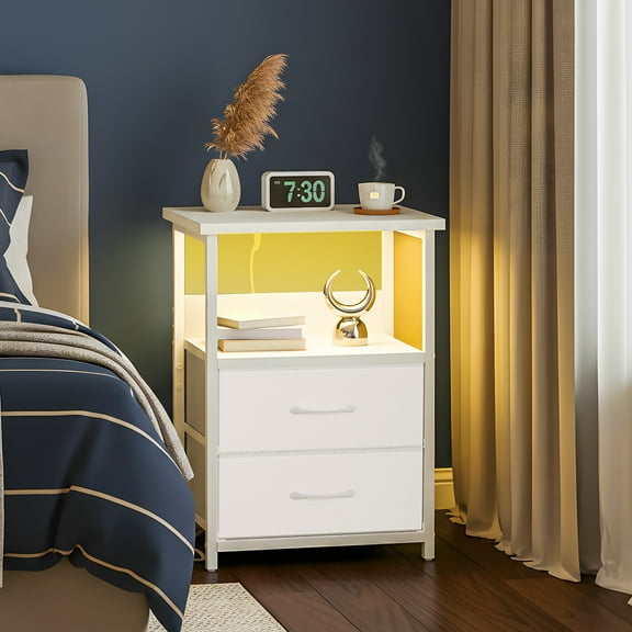 Fairy Night Stand with Charging Station, Bed Side Table, Nightstand with 2 Fabric Storage Drawers, White